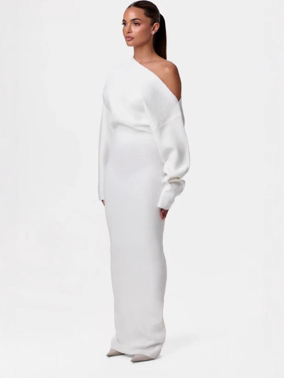 Women's slim long-sleeve off-shoulder knit dress, white