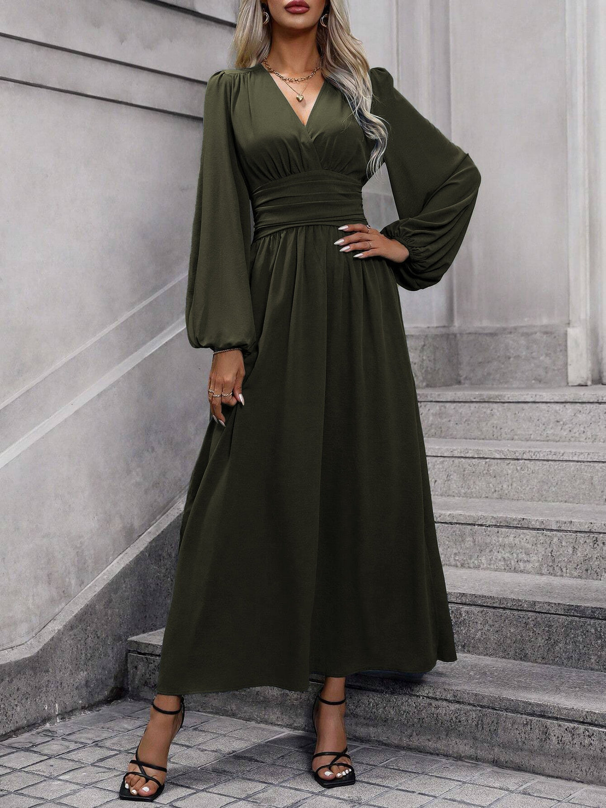 Green long-sleeve surplice V-neck midi dress with gathered waist and pleated skirt