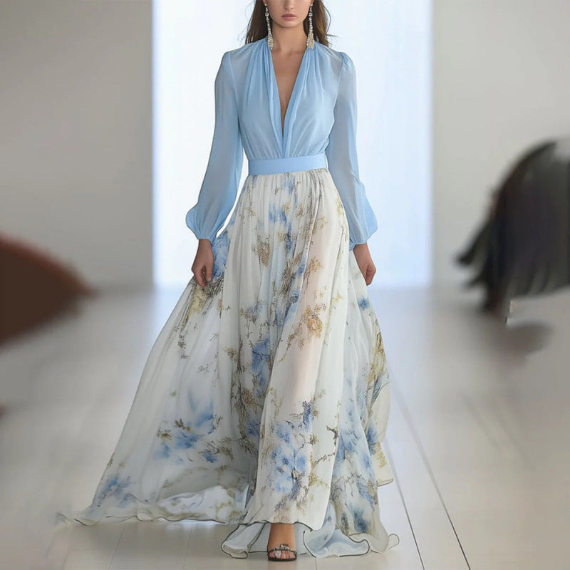 Floral maxi dress with blue chiffon bodice, deep V-neck, puff sleeves, full skirt