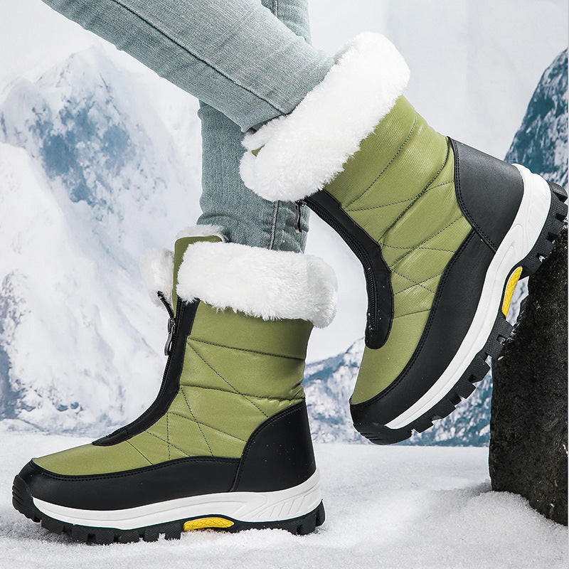 Olive-green snow boots with white faux-fur cuffs and side zippers, lug tread sole