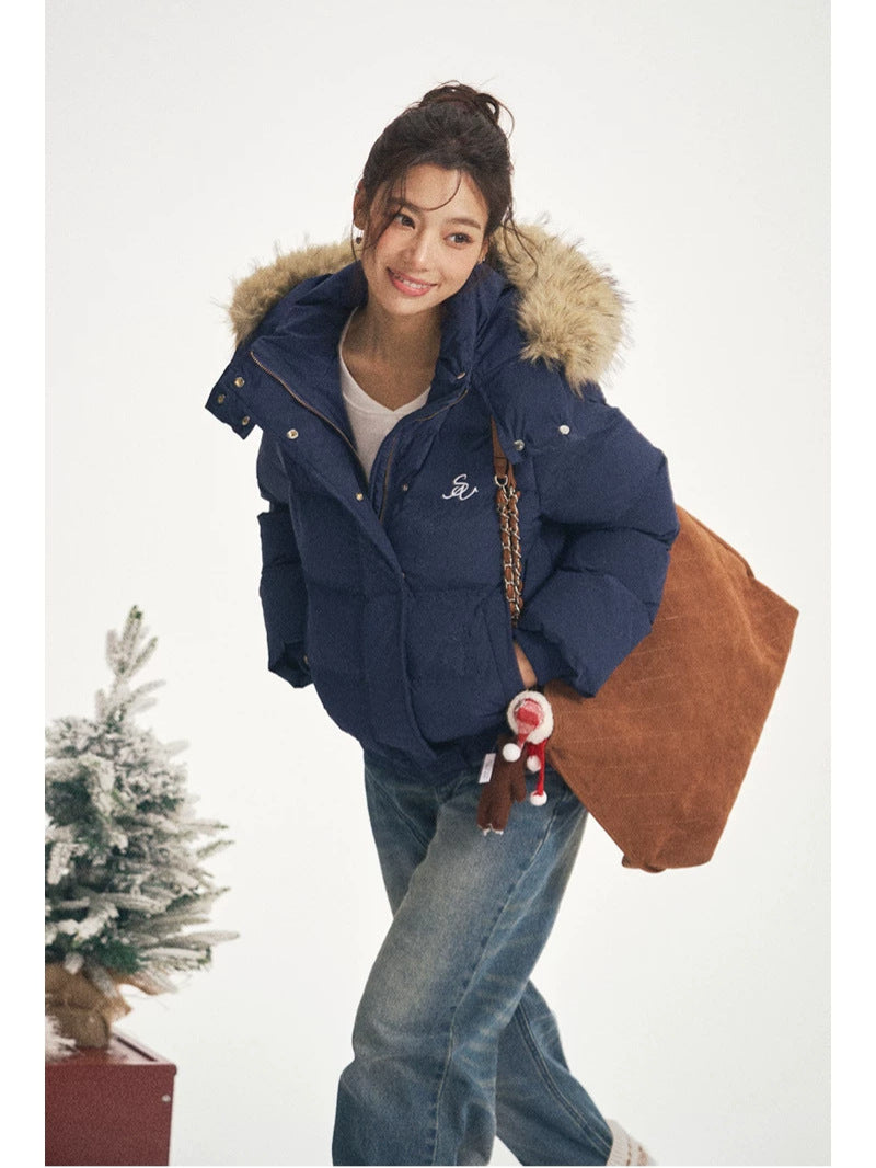 Women's navy hooded puffer jacket with faux-fur trim, full zip, long sleeves