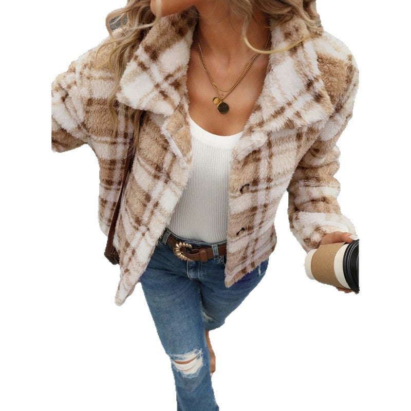 Women’s khaki plaid plush button cardigan, collar and button detail close-up