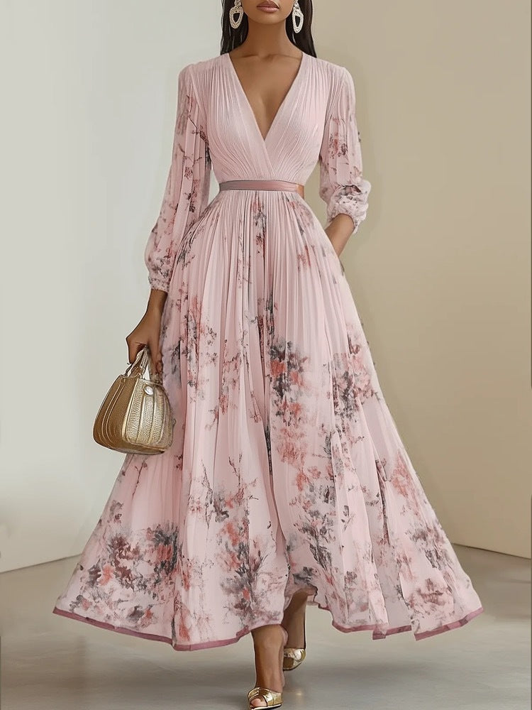 Floral chiffon maxi dress, dusty pink with floral print, deep V-neck, long pleated sleeves