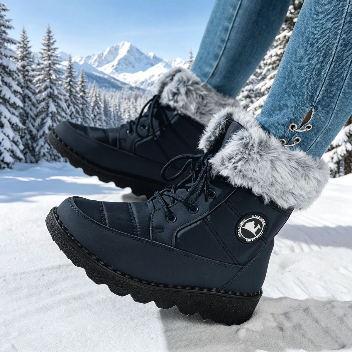 Black lace-up winter boots with faux-fur cuff and thick sole