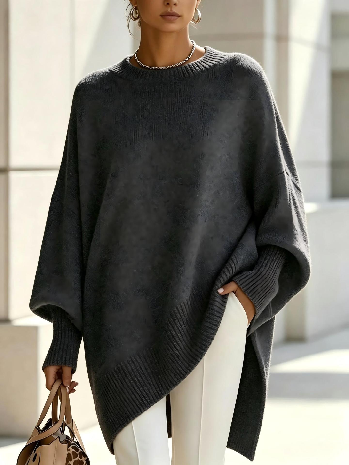 Oversized Sweater for Women — Batwing Sleeve Knit Pullover with Asymmetric Hem in Merino Wool
