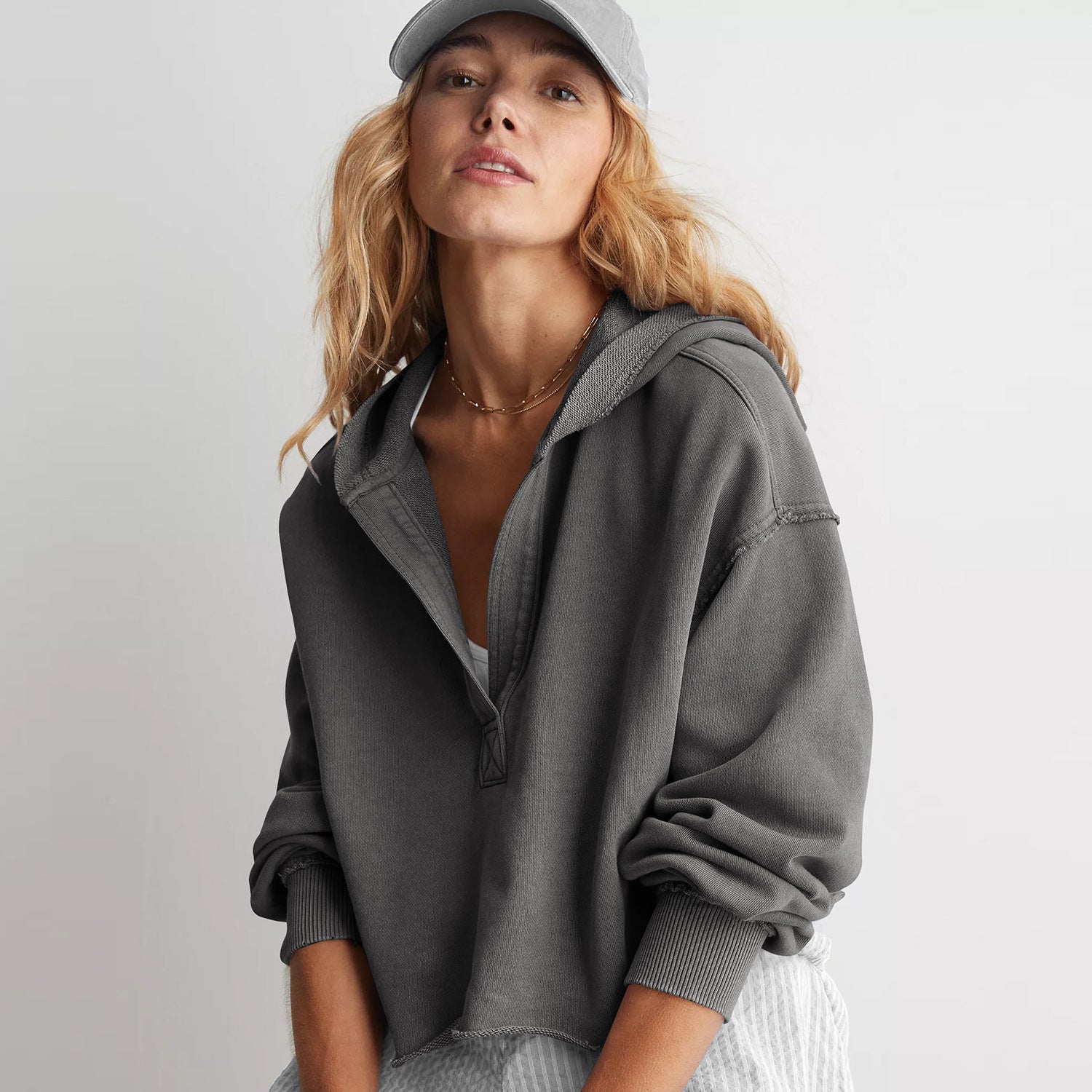Women's charcoal gray V-neck hooded pullover sweatshirt, long sleeves