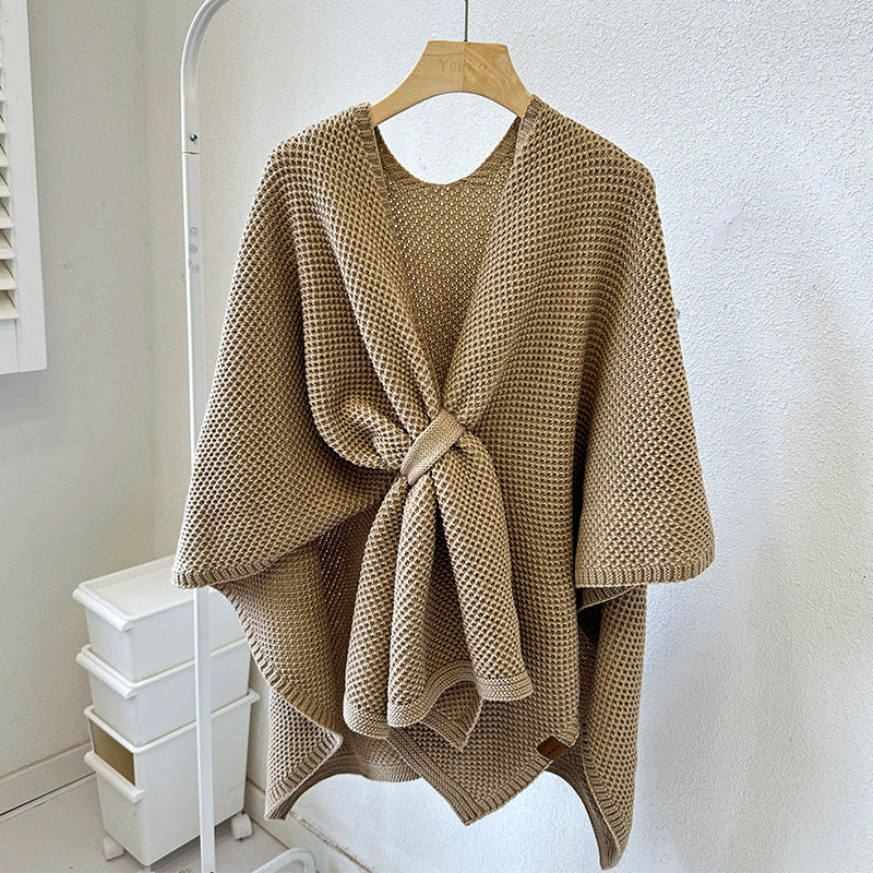 Poncho Shawl Wrap for Women — Open Weave Cape with Twist Front Detail in Soft Knit