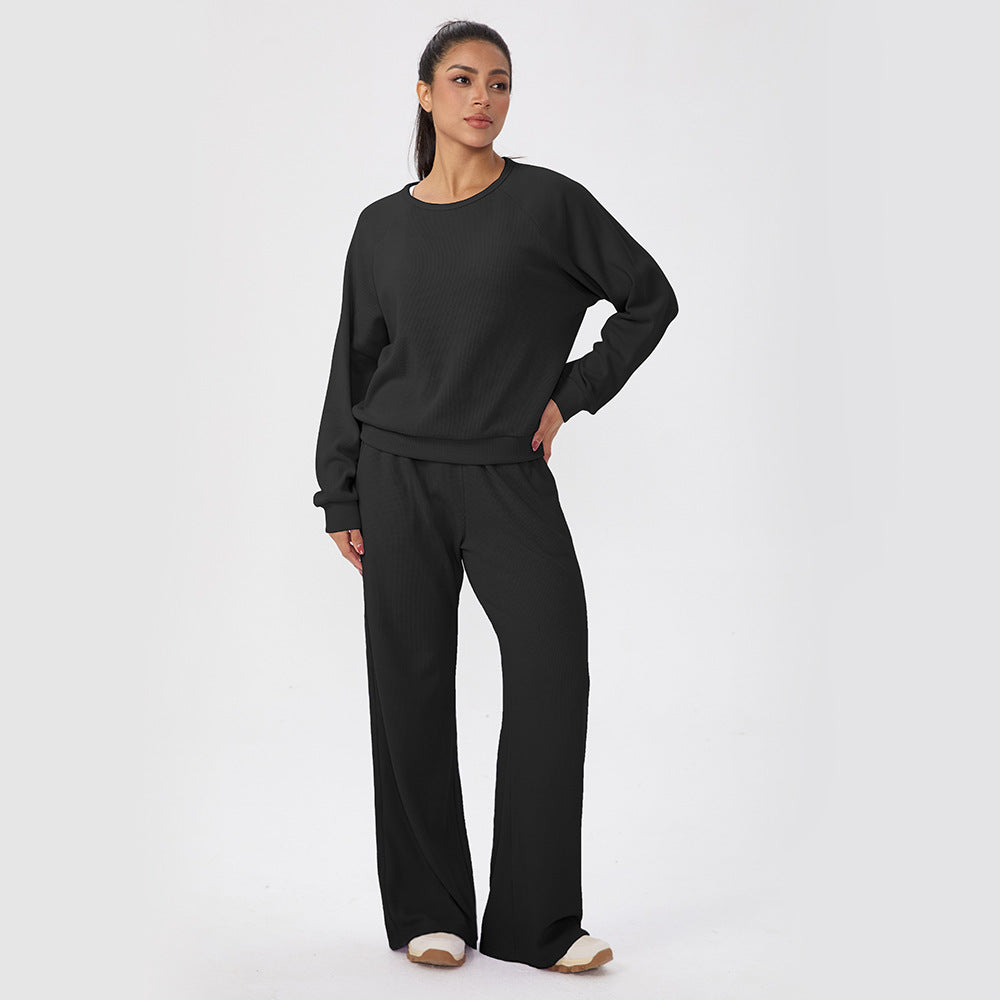 Black women's long-sleeve lounge set with wide-leg pants, relaxed fit