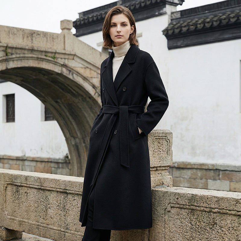 Women’s long double-breasted wool coat with tie belt, black