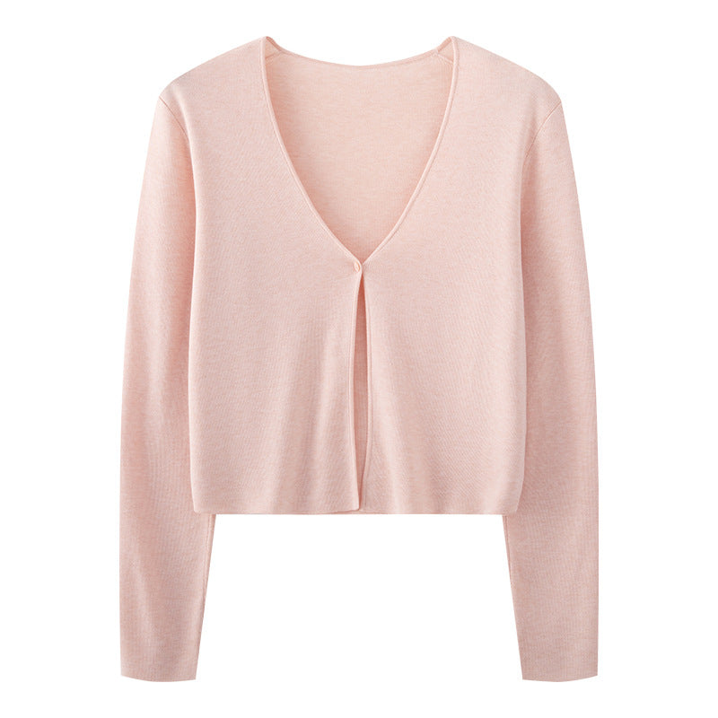 V-neck cropped cardigan for women, lightweight long sleeves with one-button front, pink