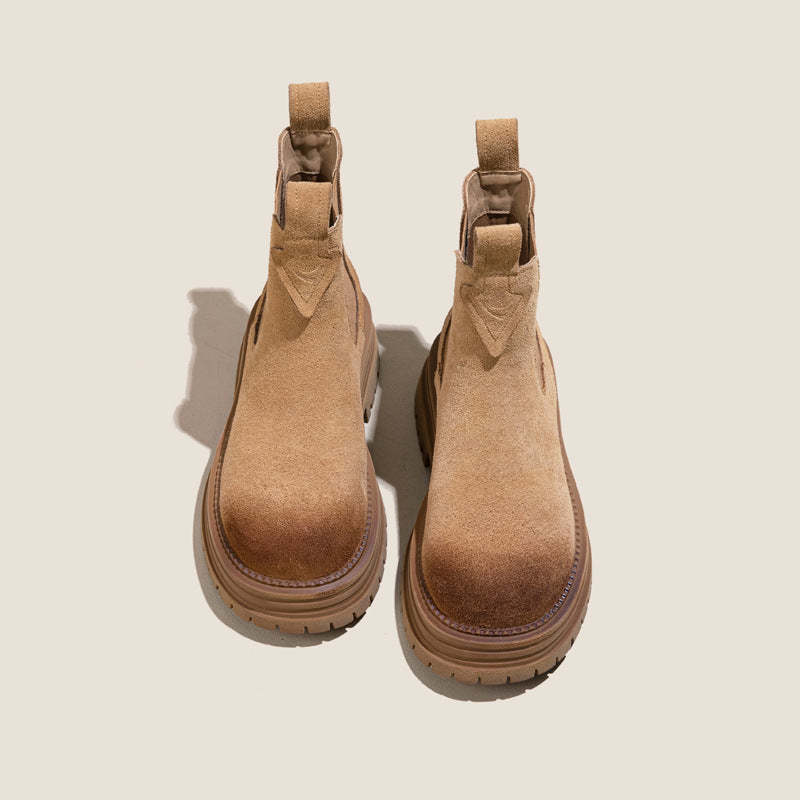 Women’s chunky platform chelsea boots in faux suede, brown pair