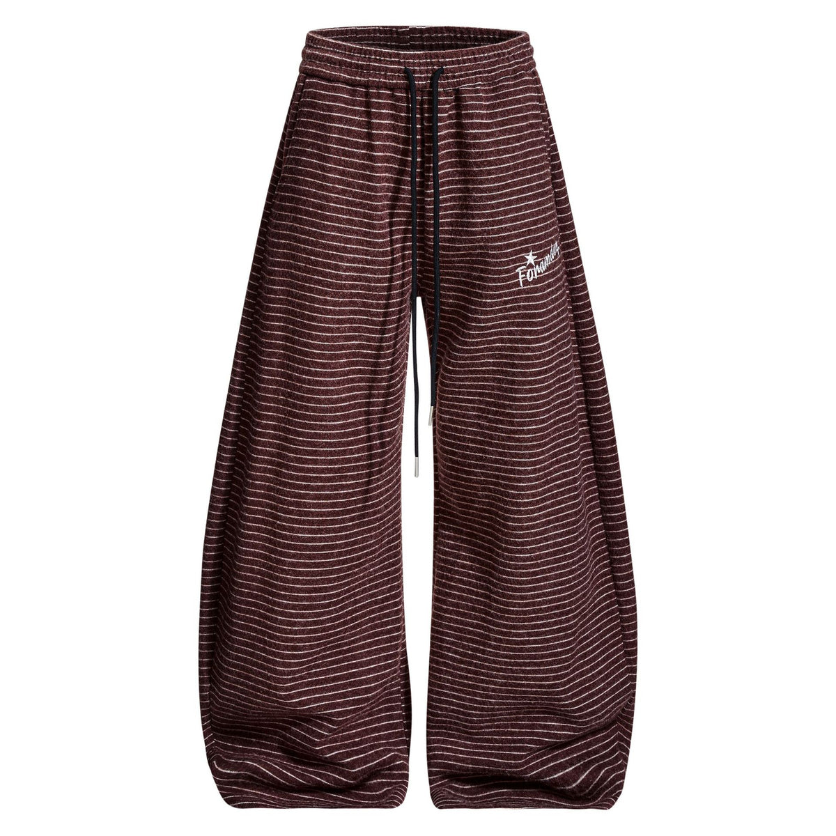 Burgundy striped wide-leg sweatpants with drawstring waistband and relaxed fit