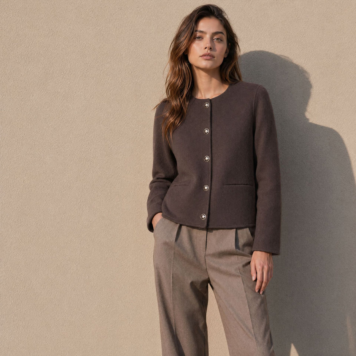 Wool Jacket for Women — Collarless Boiled Wool Style with Gold Buttons