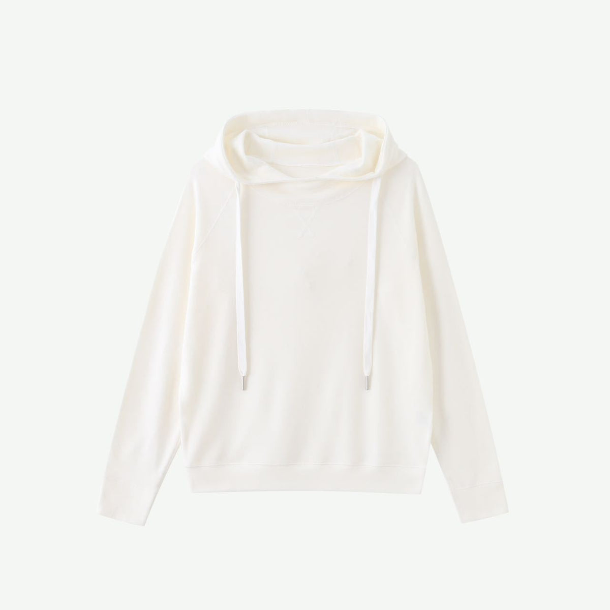 Off-white velvet pullover hoodie with drawstring hood and long sleeves