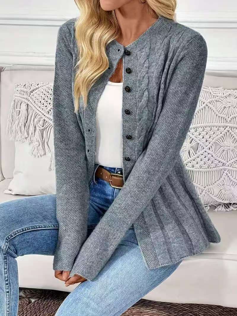 Cable Knit Cardigan for Women — Button Front with Flared Peplum Hem in Soft Wool