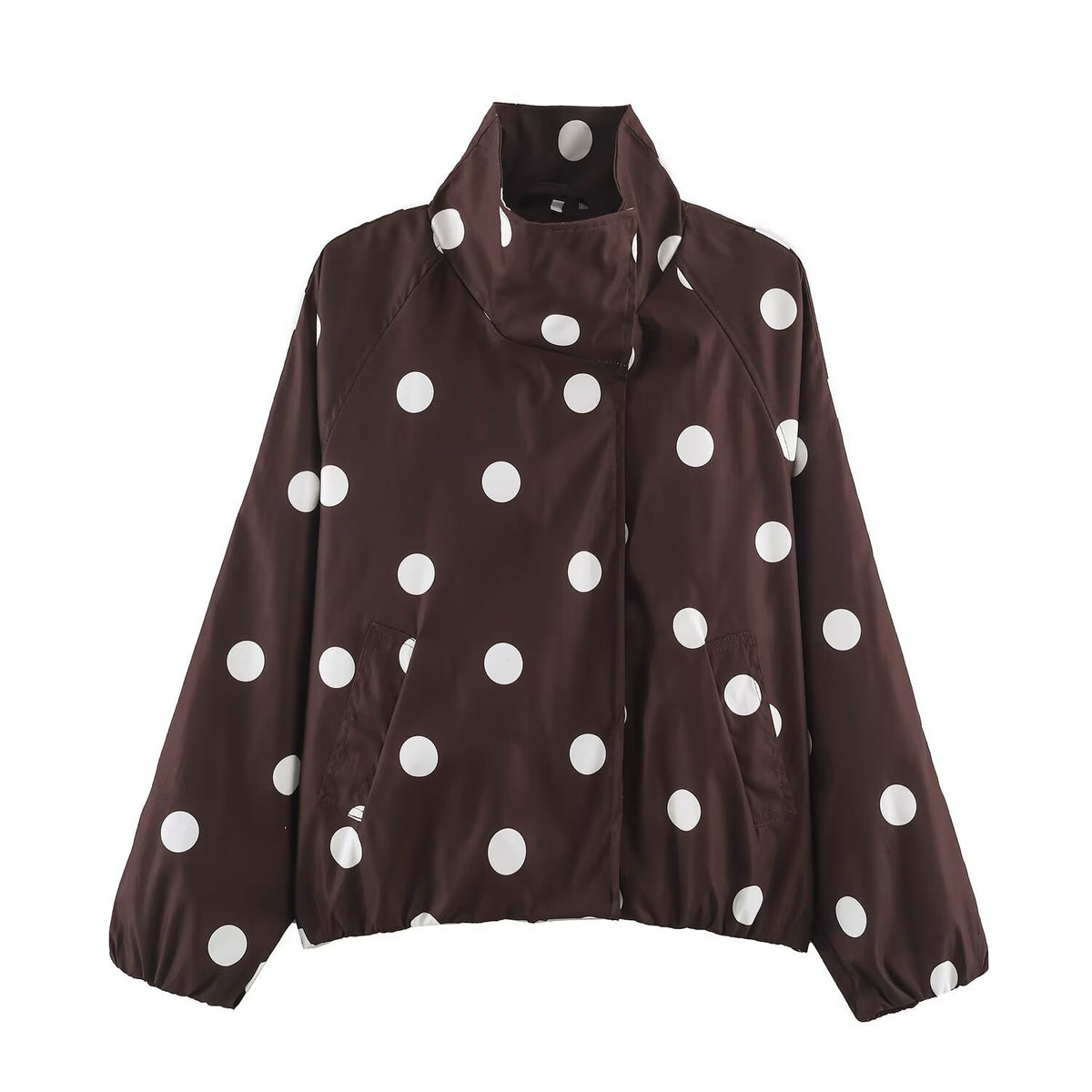 Brown polka-dot bomber jacket with zip front and stand collar