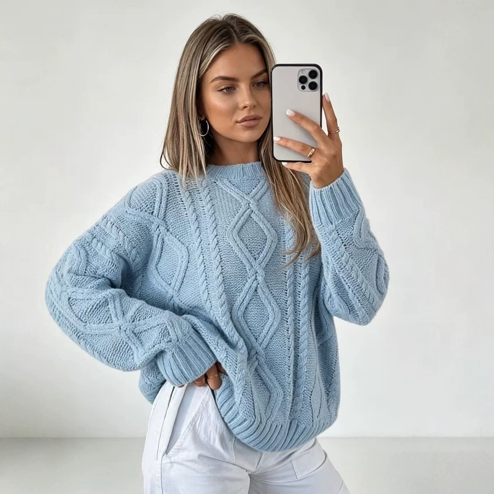 Oversized Cable Knit Sweater for Women — Chunky Aran Crew Neck in Wool Blend