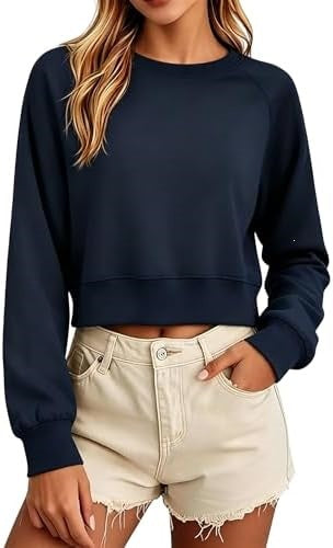 Navy cropped sweatshirt with a crew neck, loose long sleeves, and ribbed cuffs