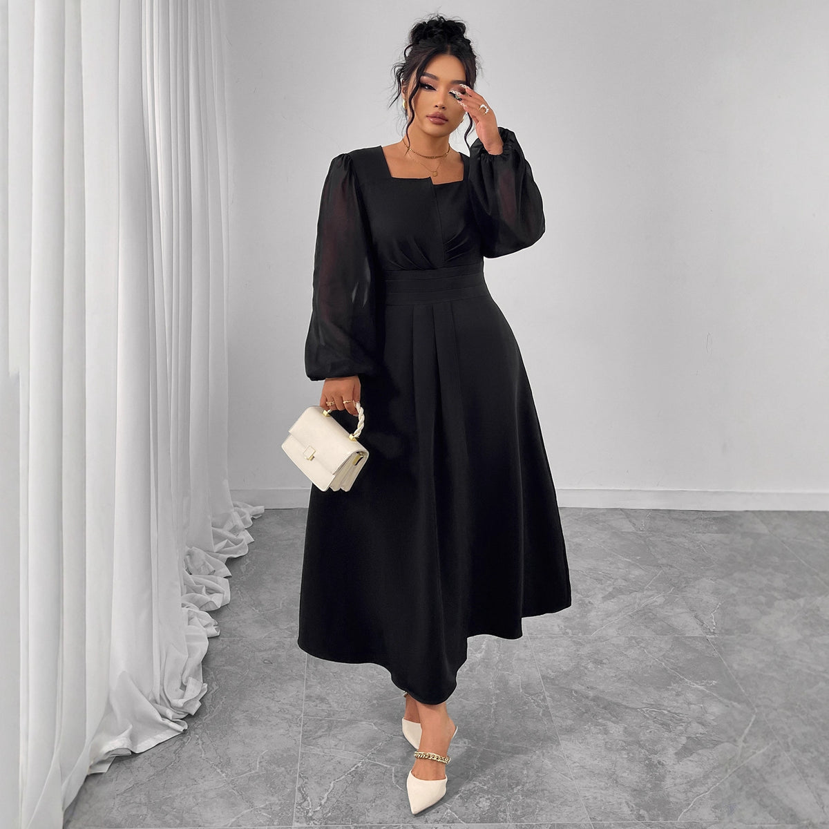 Black square-neck long-sleeve midi dress with pleated high waist and puff sleeves