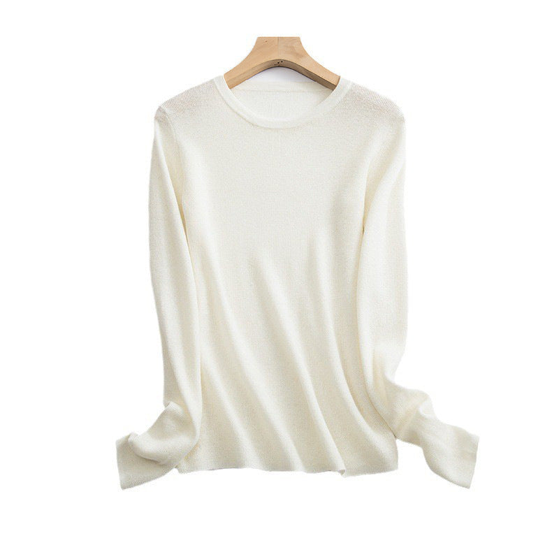 Women’s crew neck sweater, off-white, long sleeves, fine knit pullover