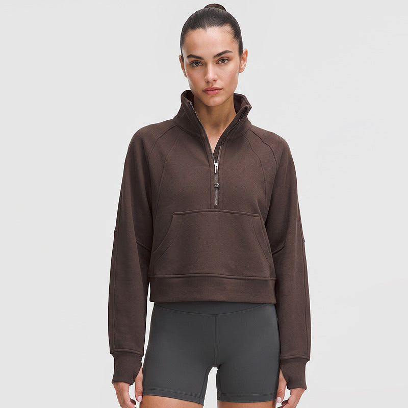 Women's half-zip fleece sports jacket, dark brown, front half-zip detail