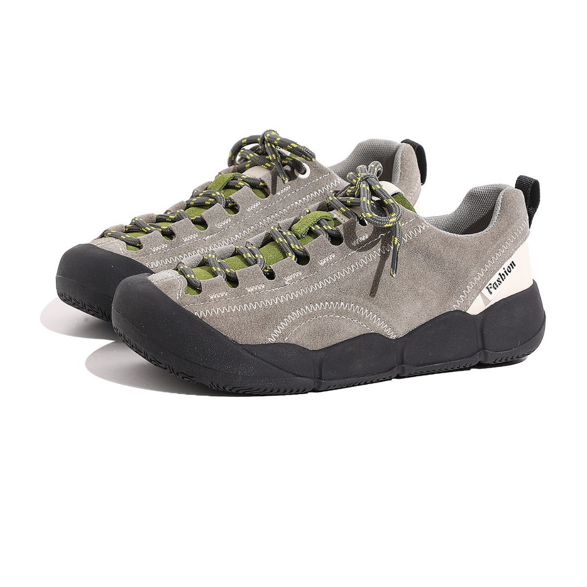 Gray platform hiking shoes with green lace-up front and black thick sole