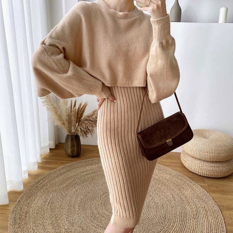 Sweater Dress Set — Cropped Crew Neck Knit Top with Ribbed Midi Cami Dress in Merino Wool