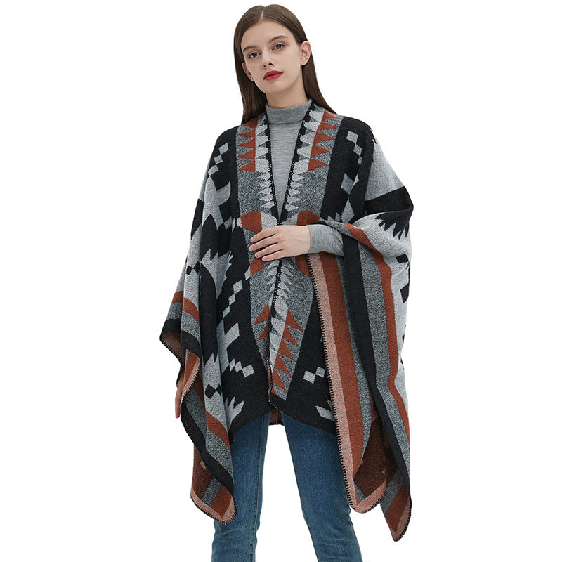 Blanket Poncho for Women — Reversible Aztec Print Ruana Wrap in Wool Blend