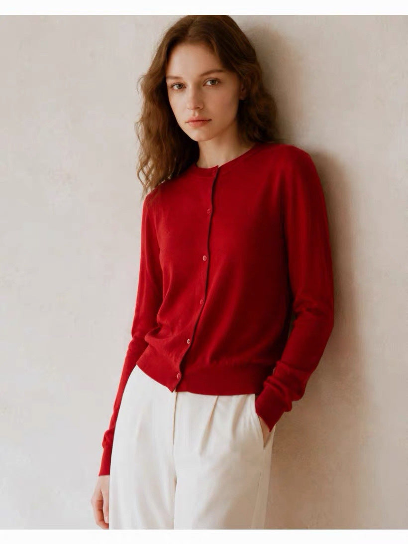 Water-soluble wool blend cardigan, long sleeves, round neck, button-front in red