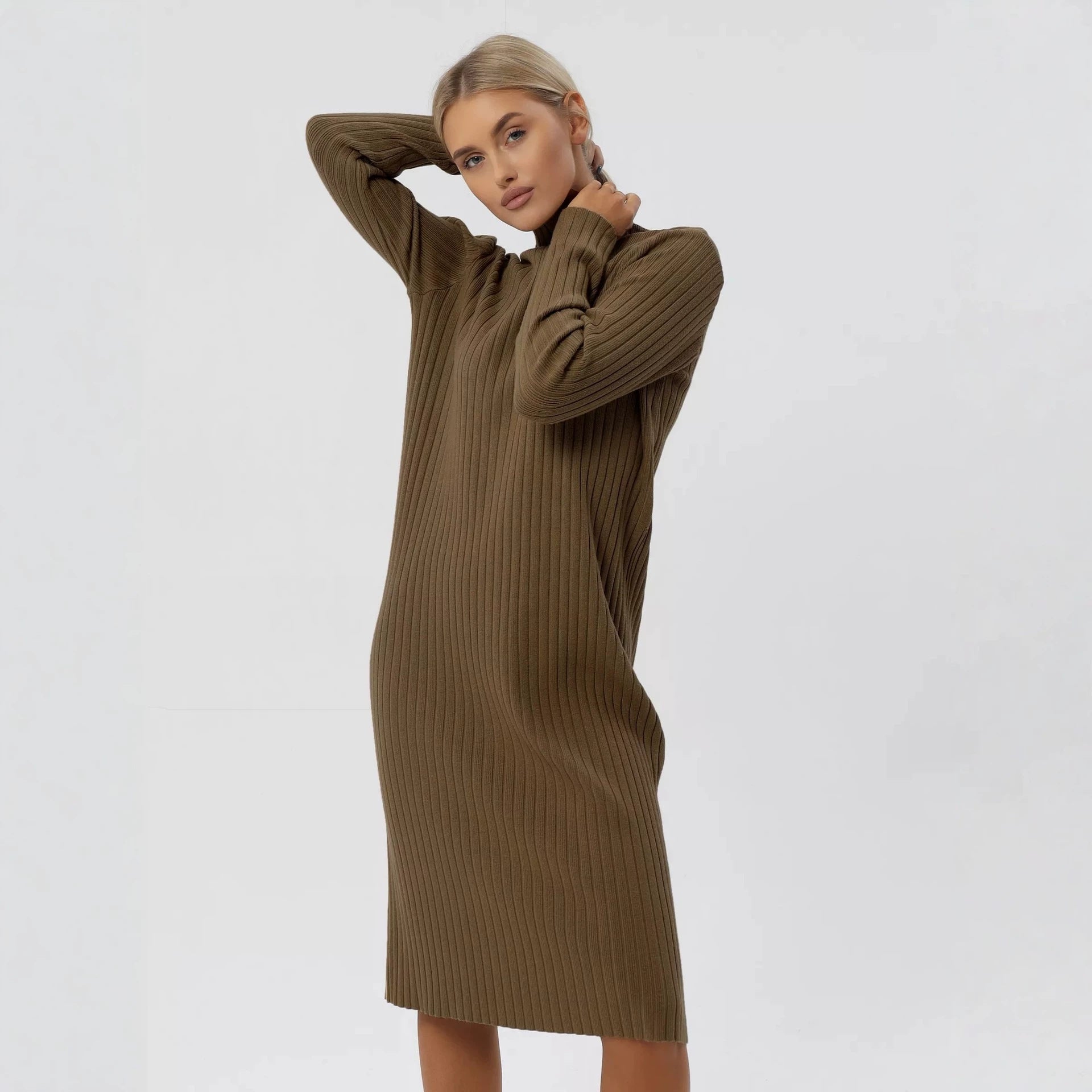 Oversized Sweater Dress in Midi Length — Mock Neck Ribbed Knit with a Relaxed Fit
