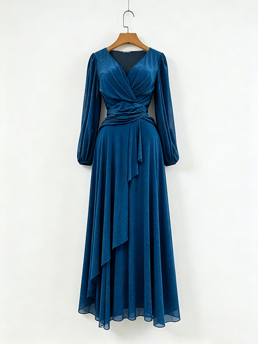 Blue long-sleeve pleated chiffon wrap dress with draped waist and V neckline
