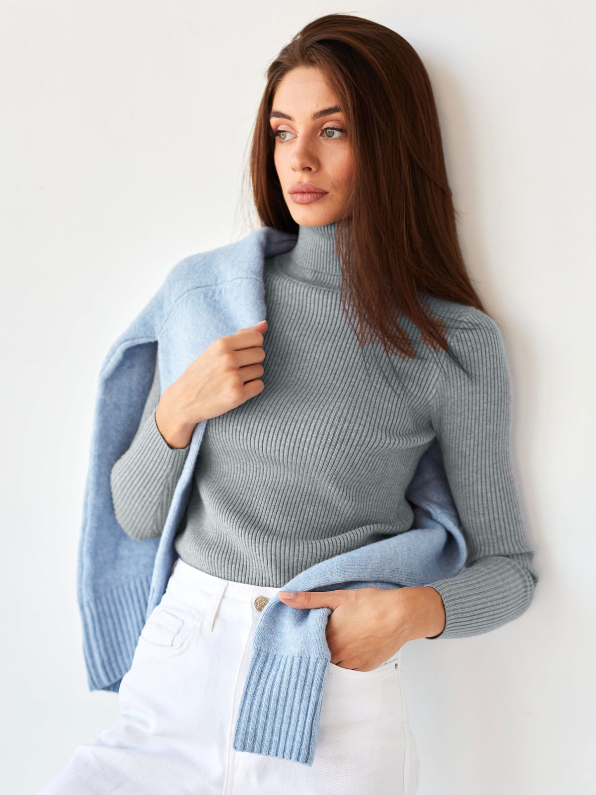 Gray ribbed turtleneck sweater, fitted long sleeves with high neck