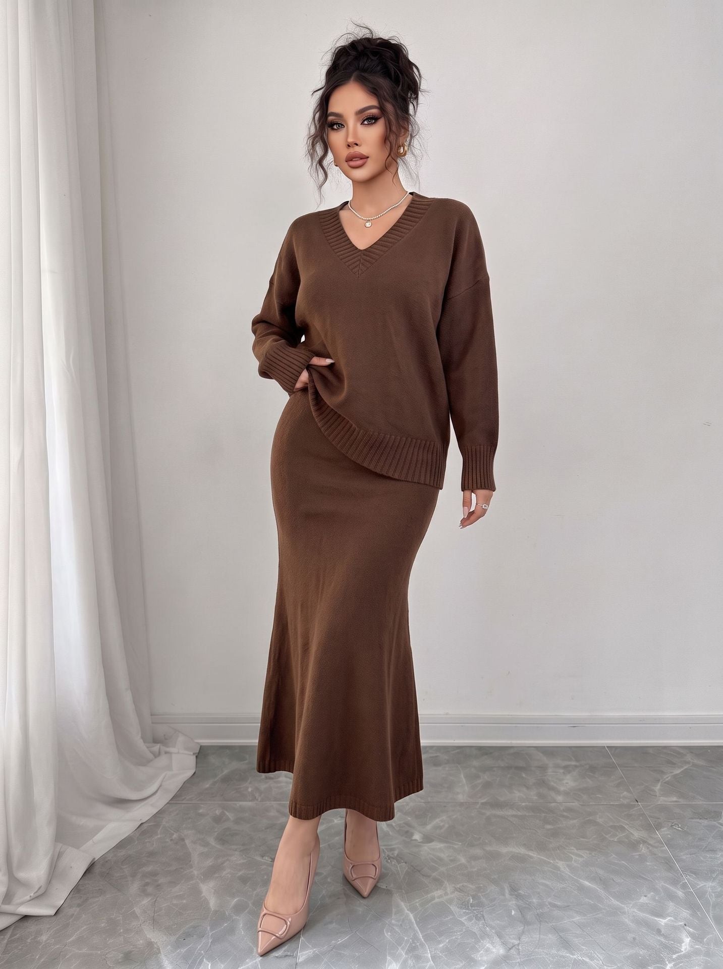 Sweater and Maxi Skirt Set — Two Piece V Neck Knit Outfit with Fishtail Hem in Merino Wool