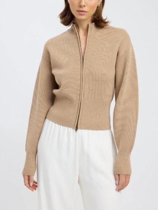 Zip Front Cardigan for Women — Cropped Mock Neck Style in Ribbed Wool Knit