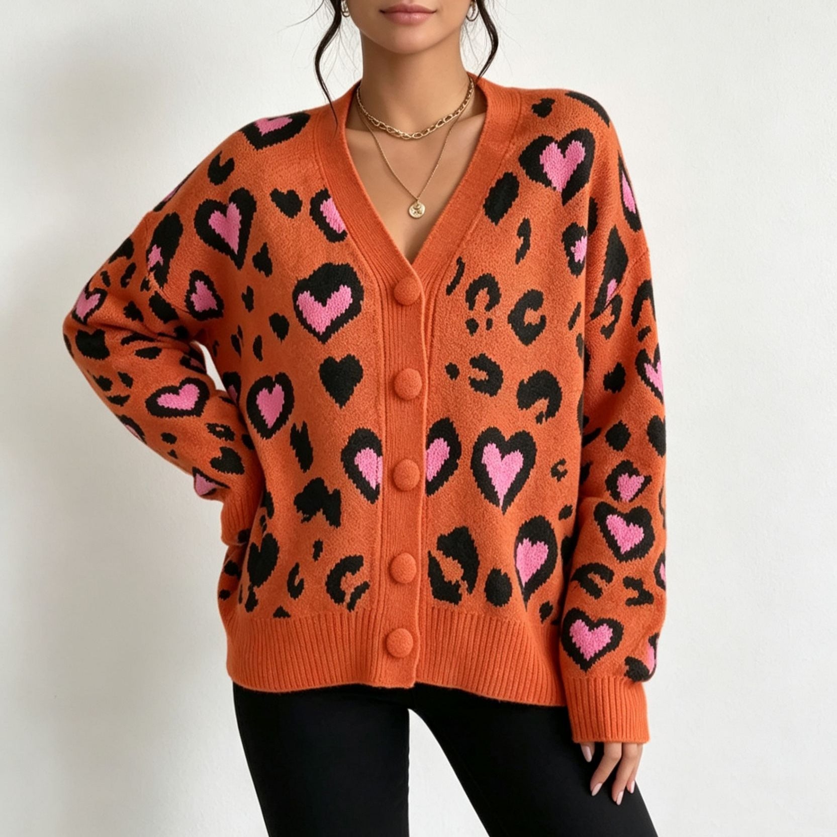 Leopard Print Cardigan for Women — Oversized V Neck Button Front Knit in Wool Blend