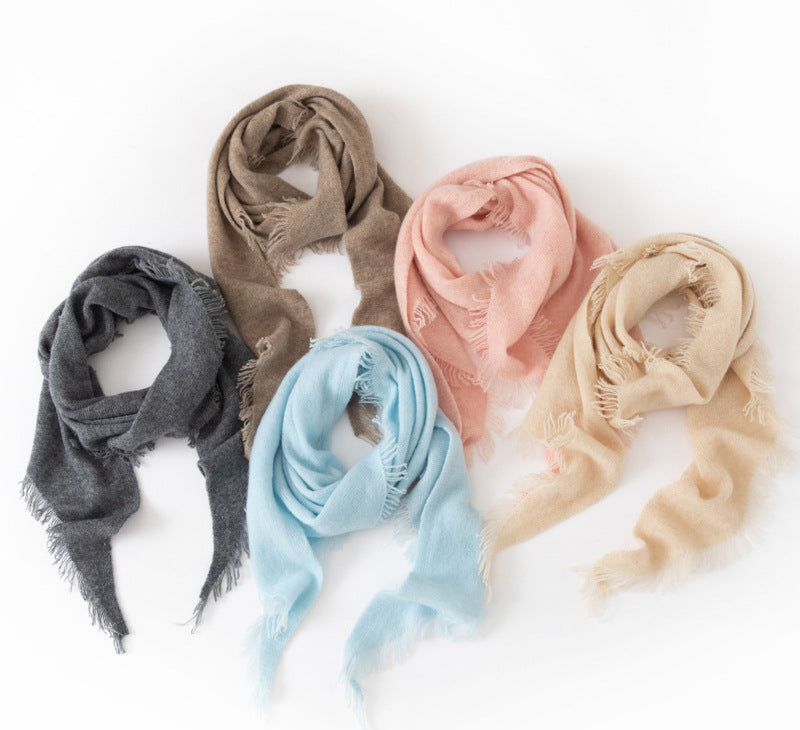Set of cashmere triangle scarves in gray, beige, sky blue, pink, and cream with fringe