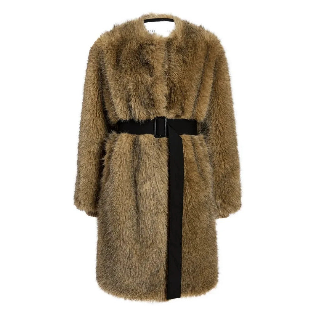 Brown faux fur long coat front view with round neck and black waist tie belt