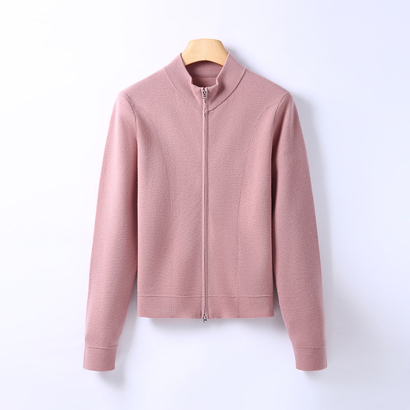 Women’s pink knit cardigan, stand-up collar, front zipper detail
