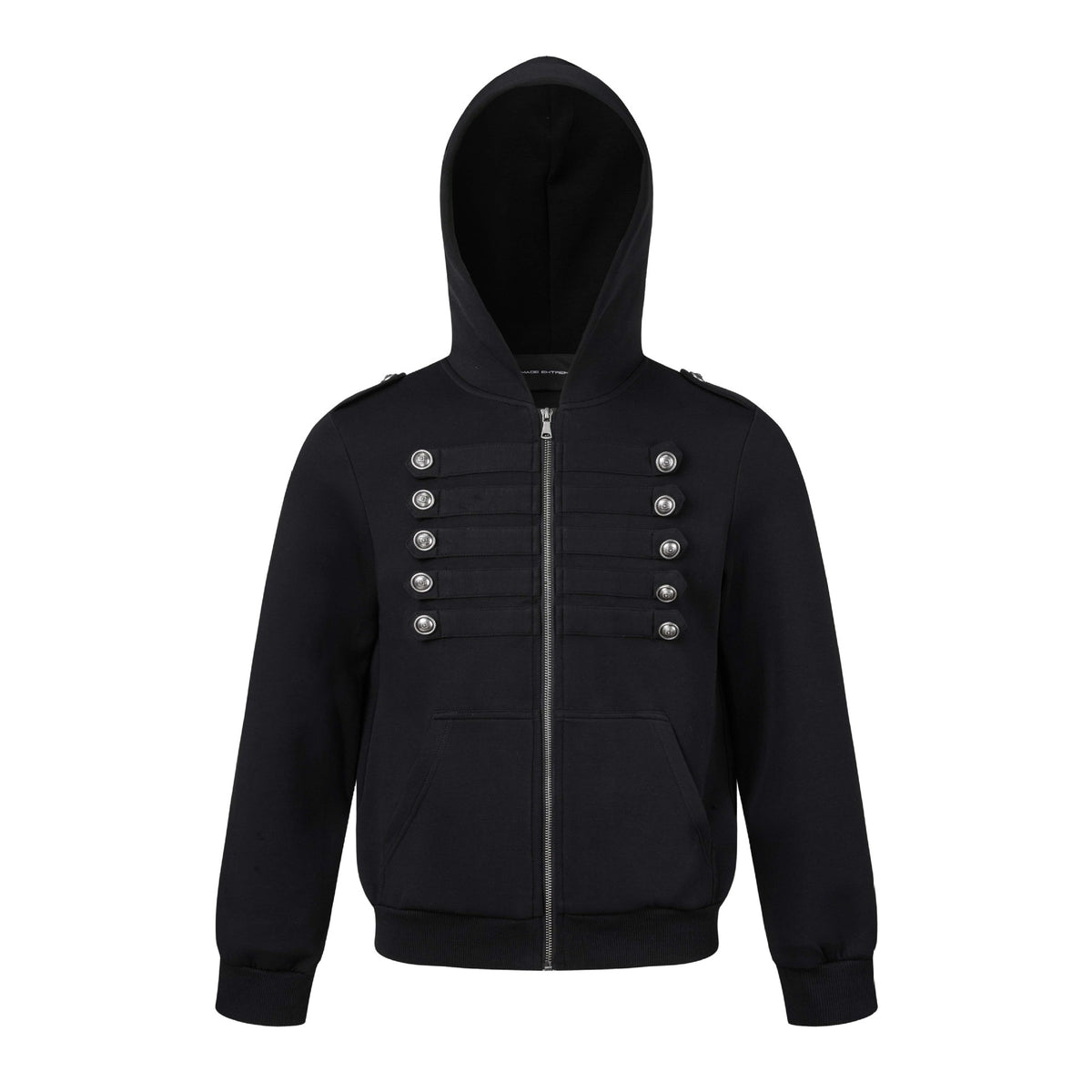 Black hooded zip cardigan sweatshirt with metal button detailing and front pockets
