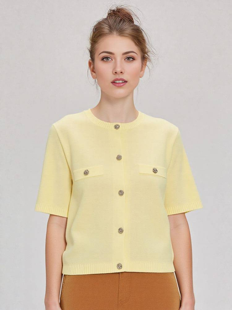 Short Sleeve Cardigan Sweater for Women — Gold Button Front Knit with Chest Pockets in Viscose