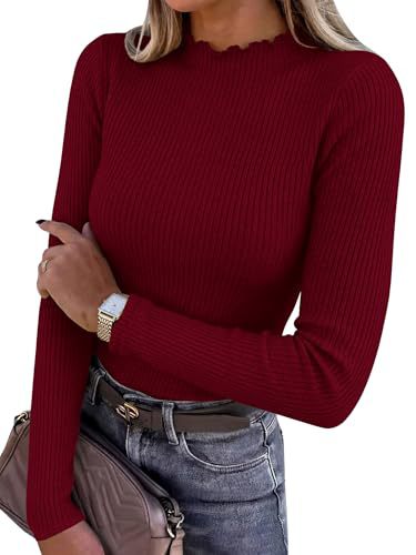 Mock Neck Top for Women — Fitted Ribbed Long Sleeve Knit with Lettuce Trim in Viscose