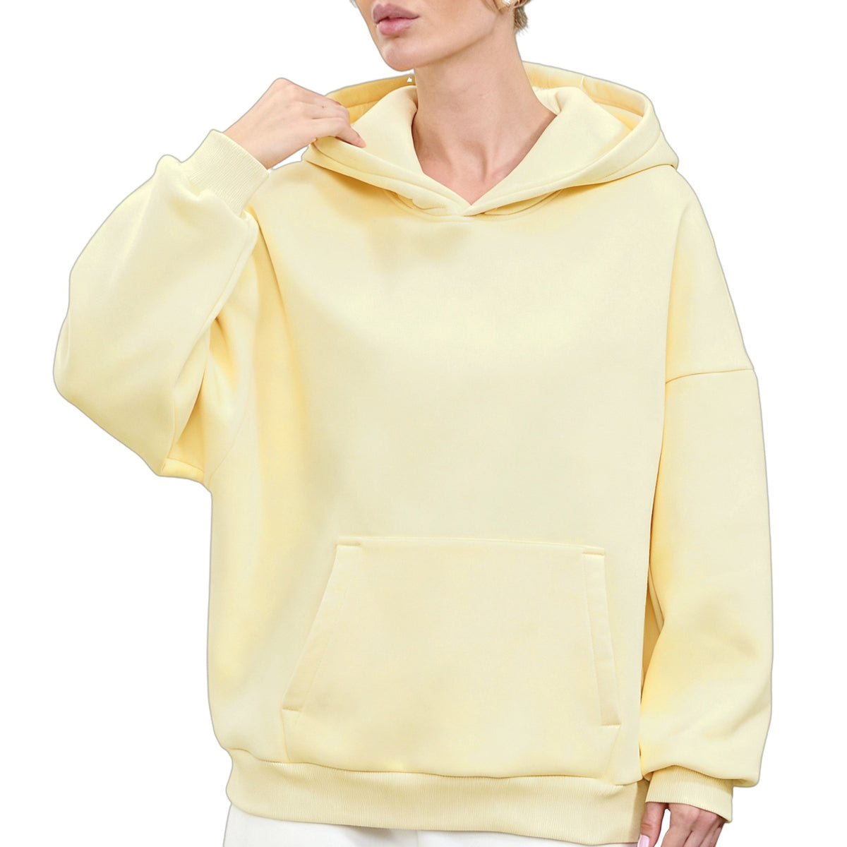 Light yellow women’s hooded sweatshirt with front kangaroo pocket and long sleeves