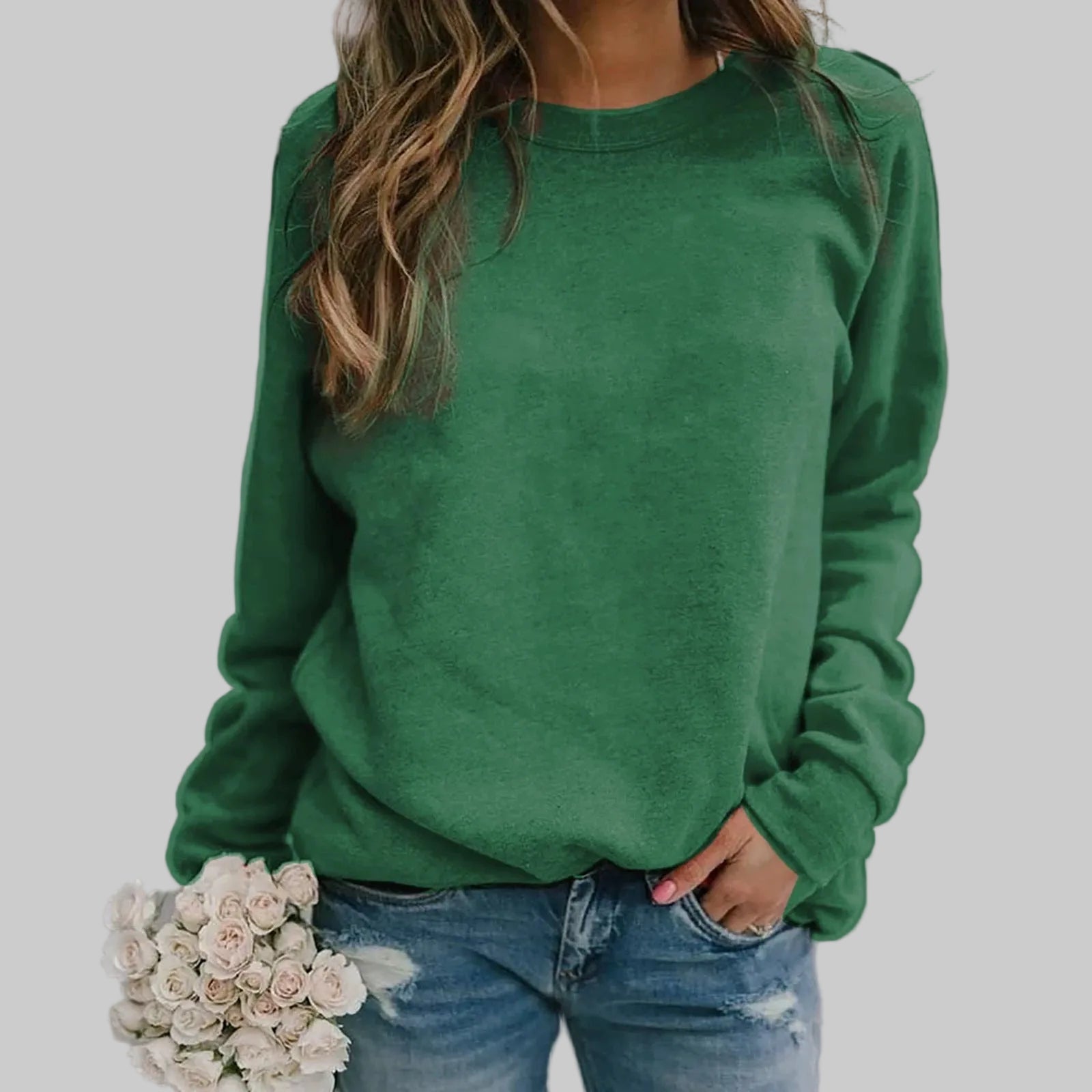 Women’s long-sleeve round-neck T-shirt top, green, relaxed fit