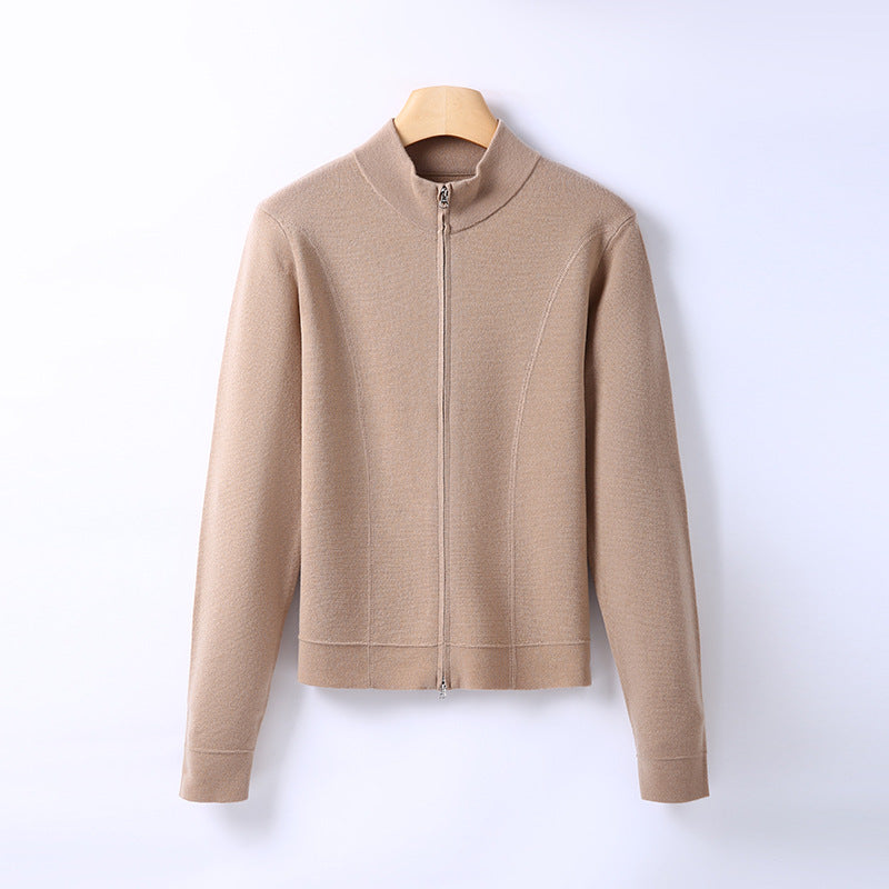 Beige knitted cardigan with stand-up collar and full front zipper, long sleeves