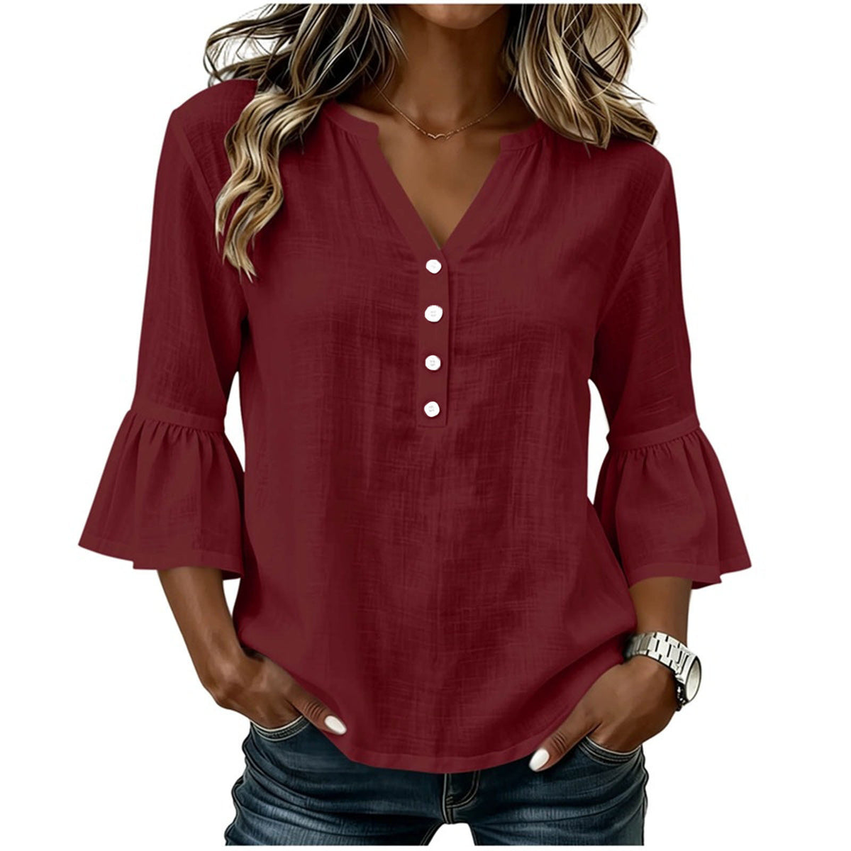 Women's wine red V-neck button-front bell-sleeve blouse, loose fit