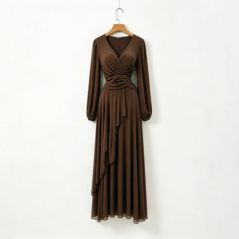 Brown long-sleeve pleated chiffon wrap dress with draped waist and V neckline