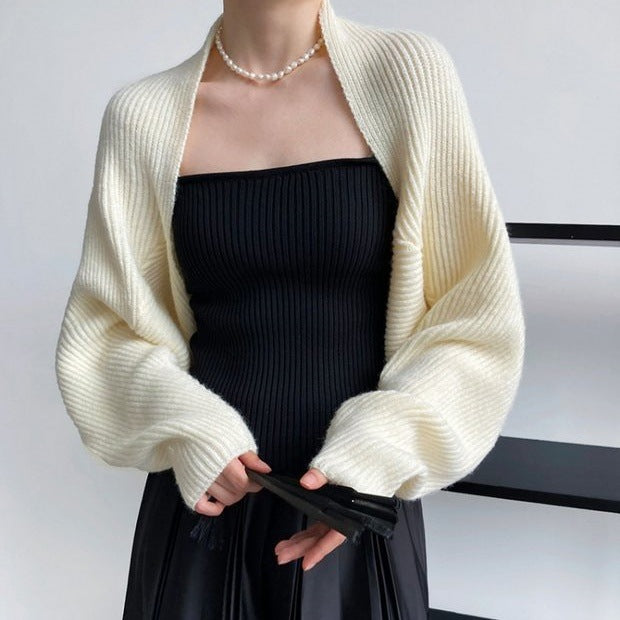 Cropped wool cardigan, cream open-front bolero with batwing sleeves, ribbed knit cuffs