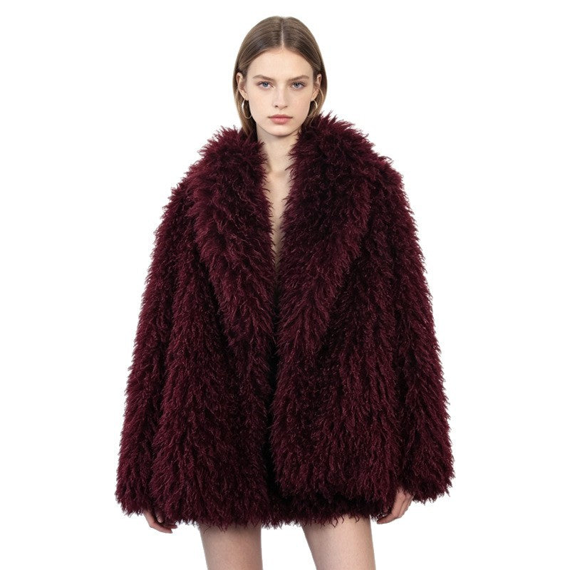 Burgundy faux shearling fur coat with wide lapels, relaxed silhouette, long sleeves