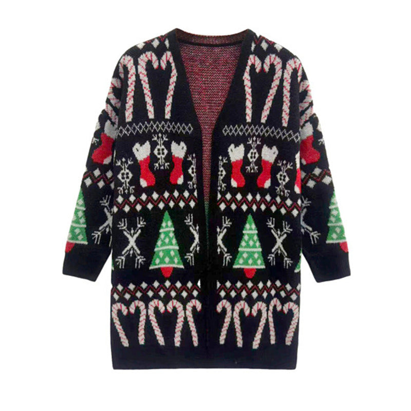 Black knit cardigan sweater with V-neck, holiday fair-isle cats and candy canes