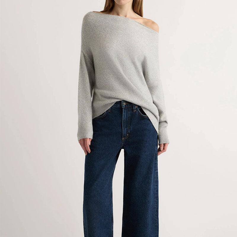 Grey off-shoulder knit sweater, draped loose fit, long sleeves